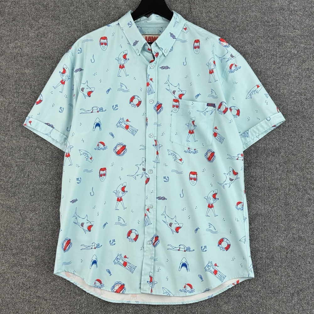 Jaws x RSVLTS Button Down Shirt Mens L Blue Shark Beach Kunuflex Short Sleeve